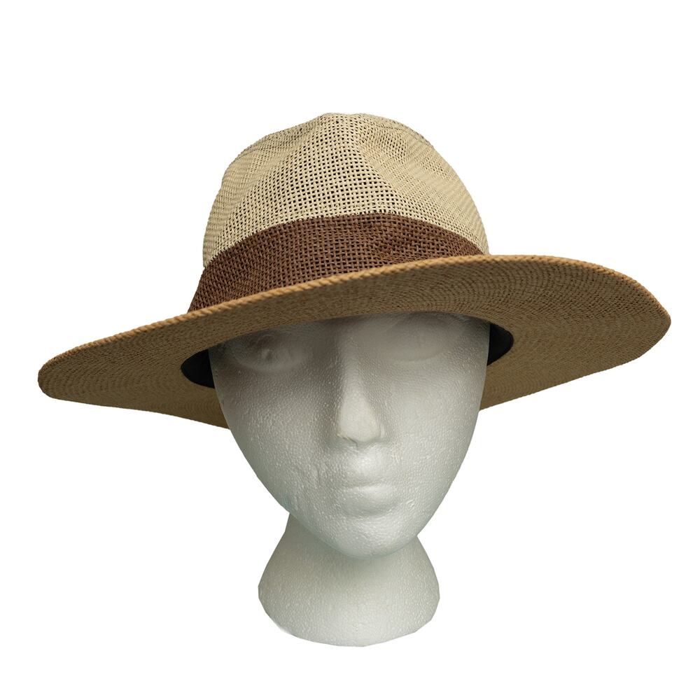 World Market Straw Fedora Sun Hat Two-Tone Woven Chic Summer Panama Travel Tan